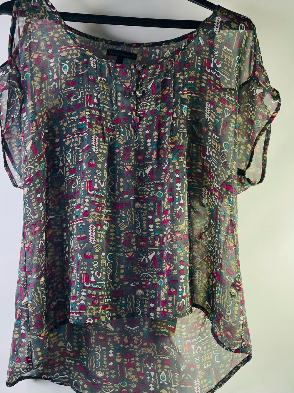 Lucca Couture Sheer Geometric Print Blouse - Teal & Magenta Size Lg